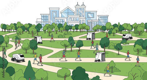 Robotic Delivery Bots Navigate Park Paths Among Joggers and Modern Cityscape