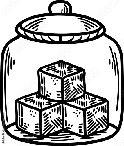 Sugar cubes in a closed glass jar simple black and white line drawing with shading details and contour