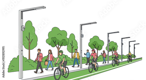 Urban Park Path: Cyclists and Pedestrians Enjoying a Green City Trail