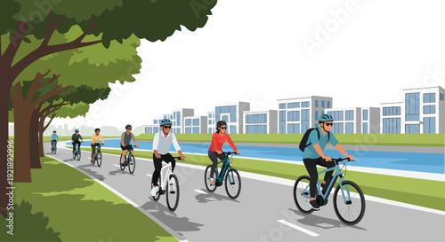 People cycling on a paved path beside a canal with modern city buildings in background