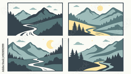 Four Minimalist Landscape Illustrations Serene Mountain River Scenes for Travel Brochures Outdoor Adventure Web Banners Nature Backgrounds