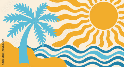 Vibrant beach scene with palm tree wavy ocean and bright sun in warm colors perfect for travel and summer themes