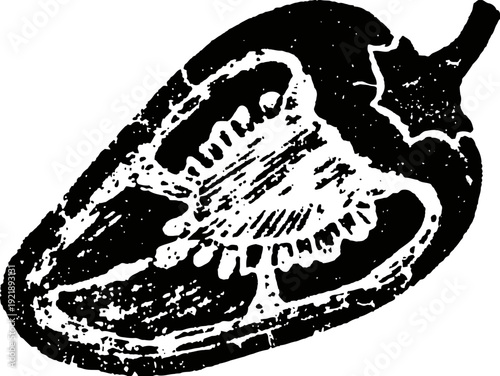 Black and white illustration of a halved jalapeno pepper with seeds and stem