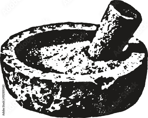 Ancient stone mortar and pestle used for grinding herbs and spices in traditional cooking