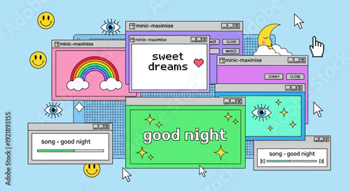 Retro computer screens with sweet dreams and good night messages on a pastel blue background with emojis and cursor icons