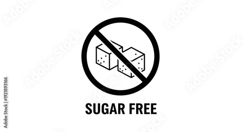 Sugar free icon with prohibition symbol and sugar cubes on white background healthy eating concept dietary restriction wellness illustration simple design black and white graphic