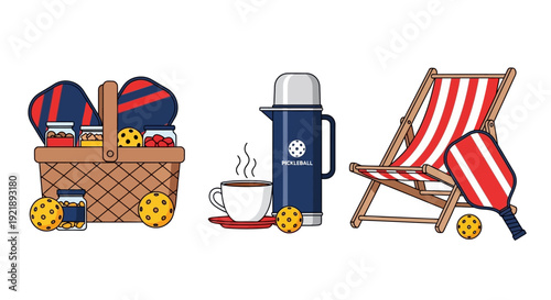 Beach accessories including a wicker picnic basket with striped towels a thermos cup and a red and white striped deck chair all on a plain white background