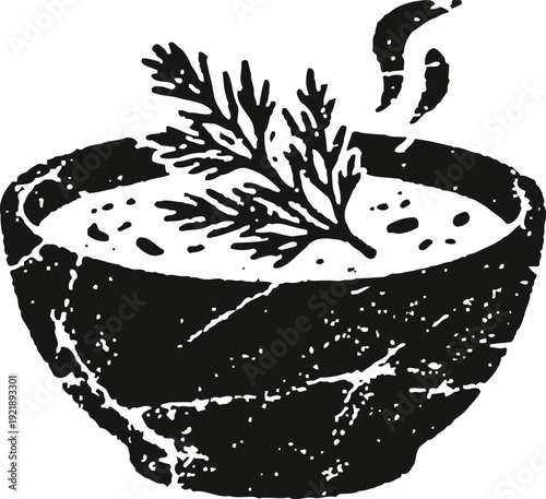 Hot soup bowl with herb garnish and steam rising, traditional warm food concept
