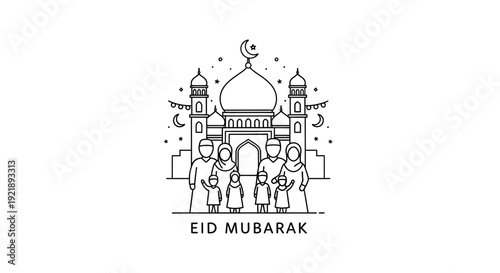 People Celebrating Eid Mubarak in Front of Mosque with Crescent Moon and Stars, Minimalist Line Art, Isolated White Background
