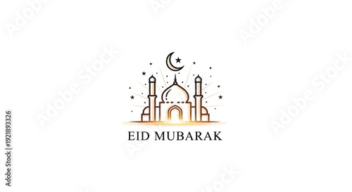 Minimalist Line Art of Mosque with Stars and Crescent Moon for Eid Mubarak Celebration, Isolated White Background