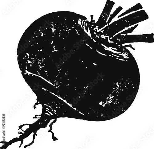 Black silhouette of a beetroot vegetable with root and leafy stems isolated on white
