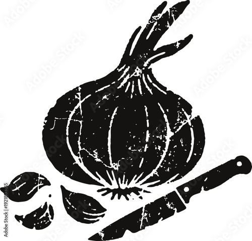 Onion and garlic cloves with kitchen knife black silhouette drawing cooking ingredients vector illustration