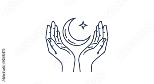 Minimalist Line Art of Hands Gently Holding Crescent Moon and Star, Isolated White Background