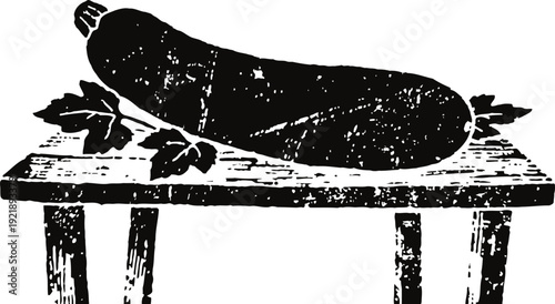 Eggplant with leaves on a wooden bench illustration in vintage