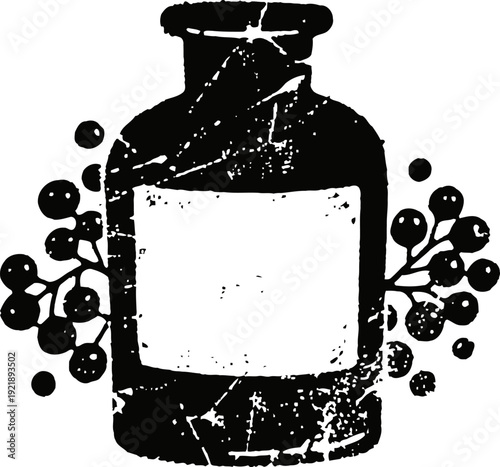 Vintage medicine bottle silhouette with blank label and berries, grunge illustration