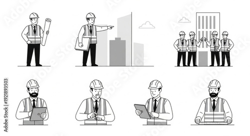 Construction workers in various poses, wearing safety vests and helmets, working on site.