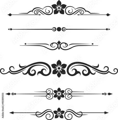 Collection of 6 decorative dividers with floral motifs, elegant swirls, and ornamental flourishes. Classic black design elements ideal for invitations, books, and elegant projects.
