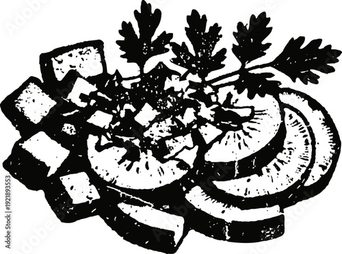 Fresh cucumber slices with herbs and croutons, healthy vegetable salad illustration