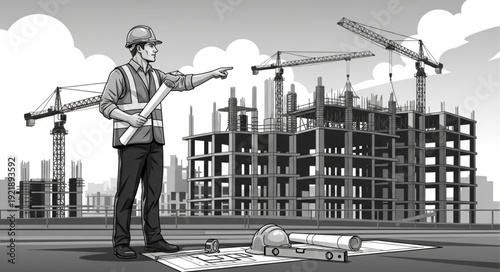 Construction engineer overseeing a building project with blueprints and pointing.