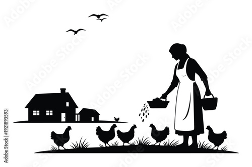 Farmer Woman Feeding Chickens Near Farmhouse Silhouette