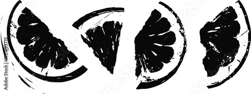 Black ink citrus fruit slices abstract lemon and orange artwork with rough edges and brush stroke