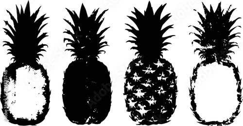 black and white pineapple silhouettes set tropical fruit shapes with detailed and rough edges