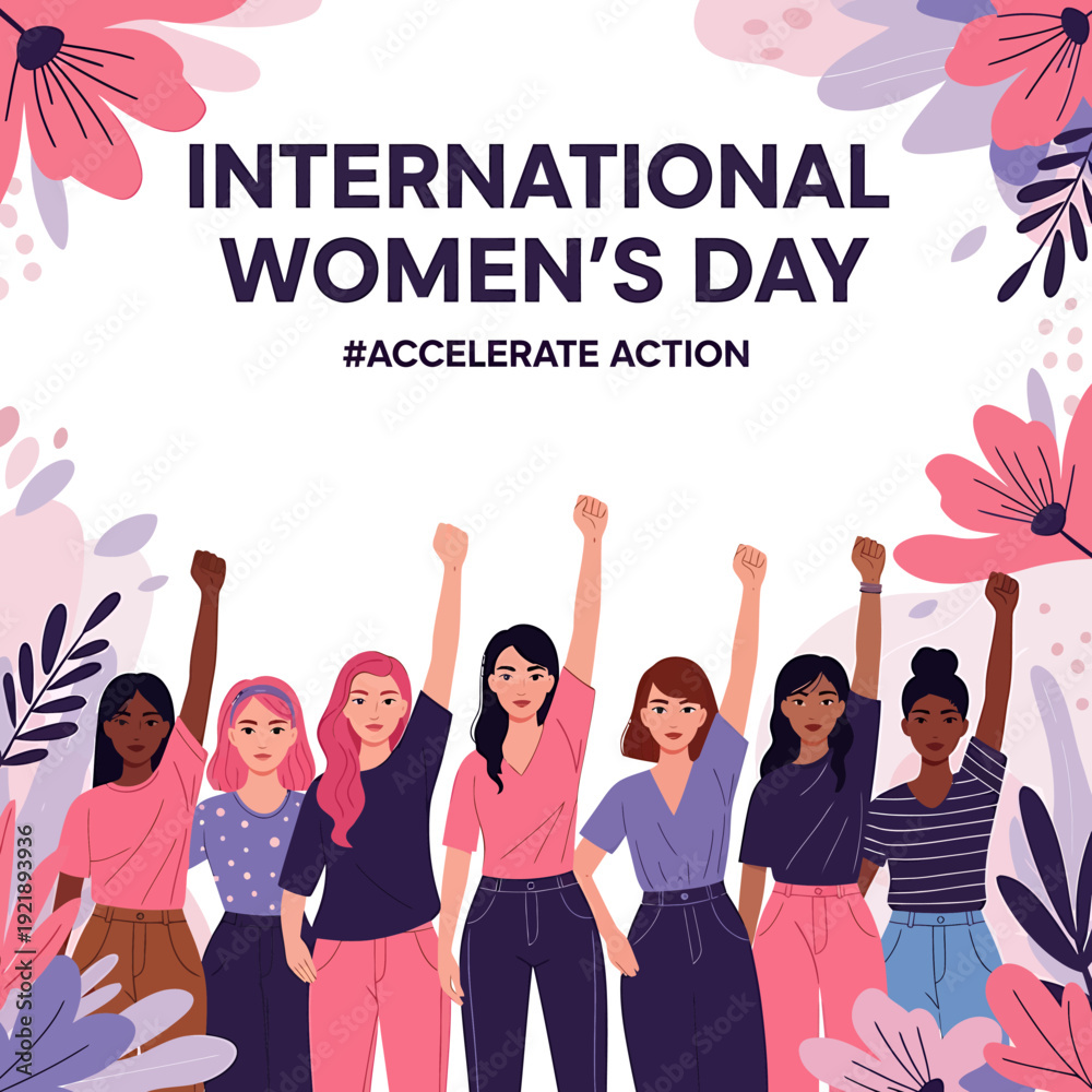 Fototapeta premium Celebrating international women's day with unity and solidarity among women from diverse backgrounds through a vibrant and empowering illustration