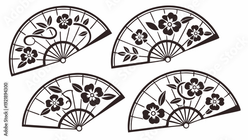 Elegant Japanese Hand Fan Vector Set Cherry Blossom Floral Design for Asian Culture Print Craft Decor