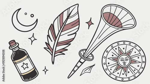 Mystical Alchemy Icons for Witchcraft Spell Design Potion Feather Horn Compass Occult Graphic Elements for Spiritual Branding