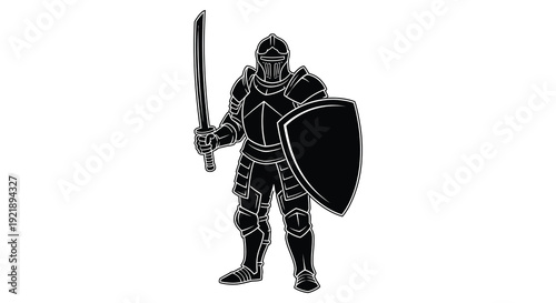 Medieval knight in full armor wielding sword and shield silhouette