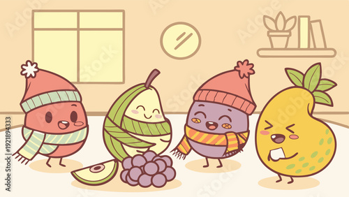 Cute Winter Fruits Characters Wearing Beanies Meeting for Cozy Holiday Gathering Illustration for Children's Book Design