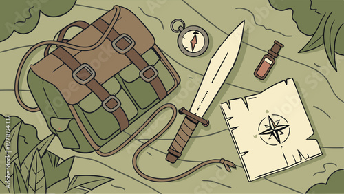 Adventure Gear Flat Lay for Travel Bloggers Exploring Jungle Treasure Maps and Survival Tools for Expedition Design