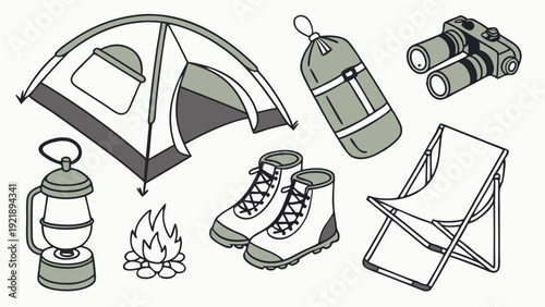 Camping Gear Illustration Adventure Icons Set Hiking Backpack Tent Boots Lantern Fire for Outdoor Travel Web Design