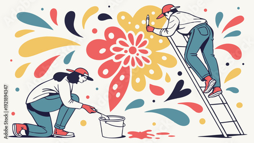 Two Diverse People Painting Vibrant Floral Mural Together for Community Beautification Project or Interior Design Refresh