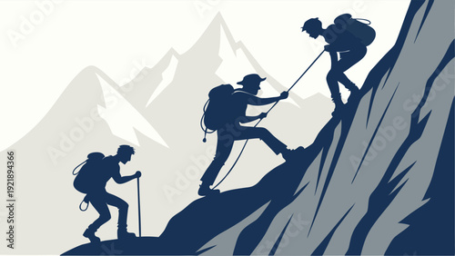 Teamwork Silhouette Climbing Steep Mountain Rope Ascent Achievement Goal Success for Adventure Travel or Corporate Motivation