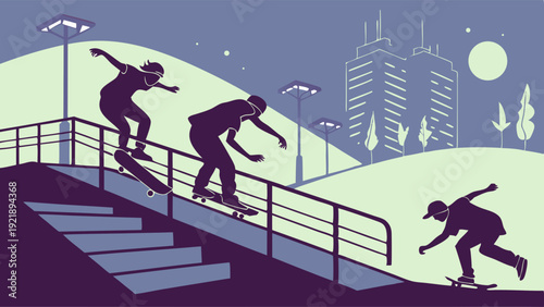 Dynamic Skateboarder Grinding Rail Down City Stairs at Night for Extreme Sports Web Design or Youth Lifestyle Advertising