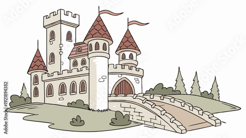 Fairytale Castle Illustration with Stone Bridge for Children's Book Design Fantasy Game UI or Royal Event Invitation Backdrop