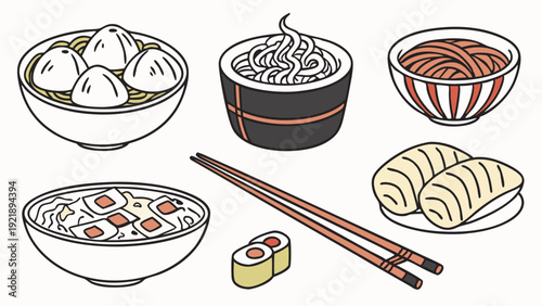 Delicious Asian Dumplings Noodles Sushi Set for Restaurant Menu Design and Food Blog Promotion