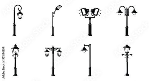 Various street lamp designs in a stark black outline silhouette