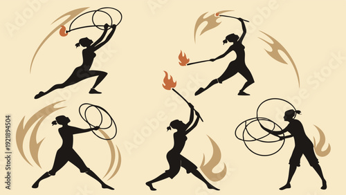 Fire Dancer Silhouettes Performing with Torches and Hoops for Festival or Circus Entertainment Graphics