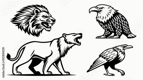 Fierce Animal Emblems Lion Bear Eagle Raven Mascot Set for Sports Teams Logos Crests Tattoos Design Elements