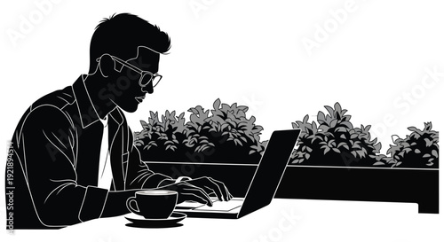 Man working on laptop indoors with city view black and white silhouette