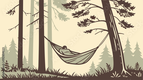 Relaxing Camper Napping in Forest Hammock Outdoor Adventure Travel Vacation Serenity Illustration (109 characters)