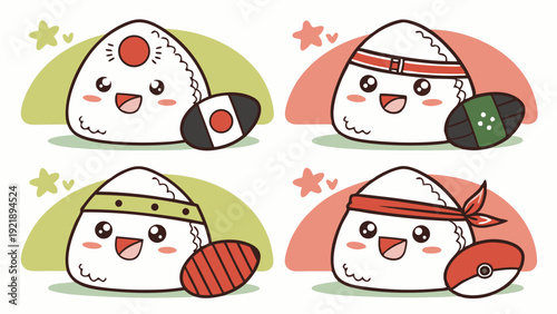 Cute Kawaii Onigiri Rice Balls Characters with Fun Headbands for Food Blog Web Design Fun Graphics