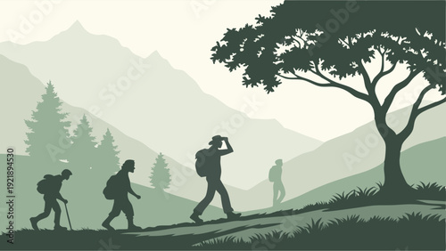 Hikers Trekking Uphill Through Misty Mountain Landscape for Outdoor Adventure Travel Web Design and Fitness Promotion