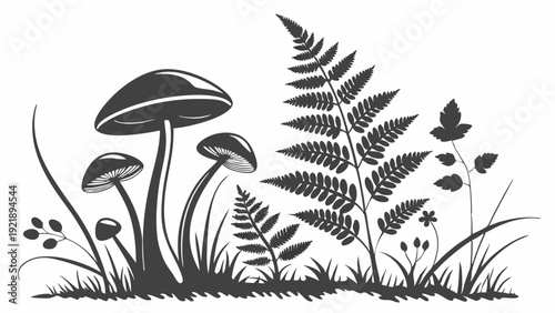 Dark Silhouette Forest Floor with Mushrooms Ferns and Grass for Nature Design Elements Mystical Woodland Backgrounds