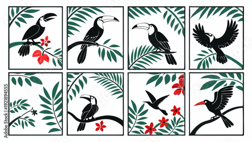 Tropical Toucan Bird Collection Set Jungle Foliage Design Elements for Wallpaper Print Textile Packaging