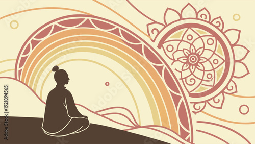 Meditating Figure Under Rainbow and Sun Mandala for Wellness App Design Spiritual Retreat Promotion Calmness