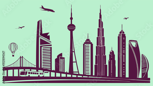 Global City Skyline Silhouette for Travel Tourism Finance Web Design Modern Urban Development Infrastructure Success