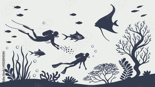 Scuba Divers Exploring Vibrant Coral Reef with Tropical Fish Underwater Adventure Travel Illustration